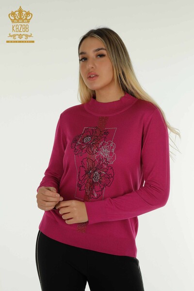 Venta al por mayor Suéter de Punto para Mujer Bordado Floral Fucsia - 30614 | KAZEE - Thumbnail