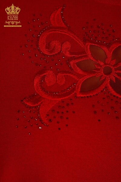 Venta al por mayor Suéter de Punto para Mujer Rojo con Bordado de Flores - 30527 | KAZEE - Thumbnail