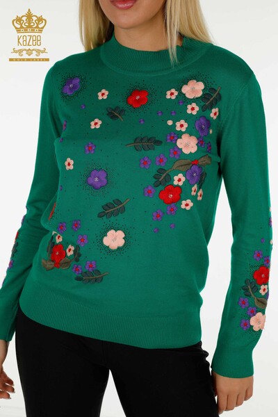 Venta al por mayor Suéter de Punto para Mujer Verde con Bordado Floral - 30632 | KAZEE - Thumbnail