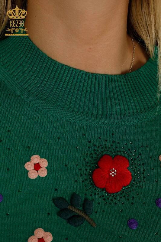 Venta al por mayor Suéter de Punto para Mujer Verde con Bordado Floral - 30632 | KAZEE