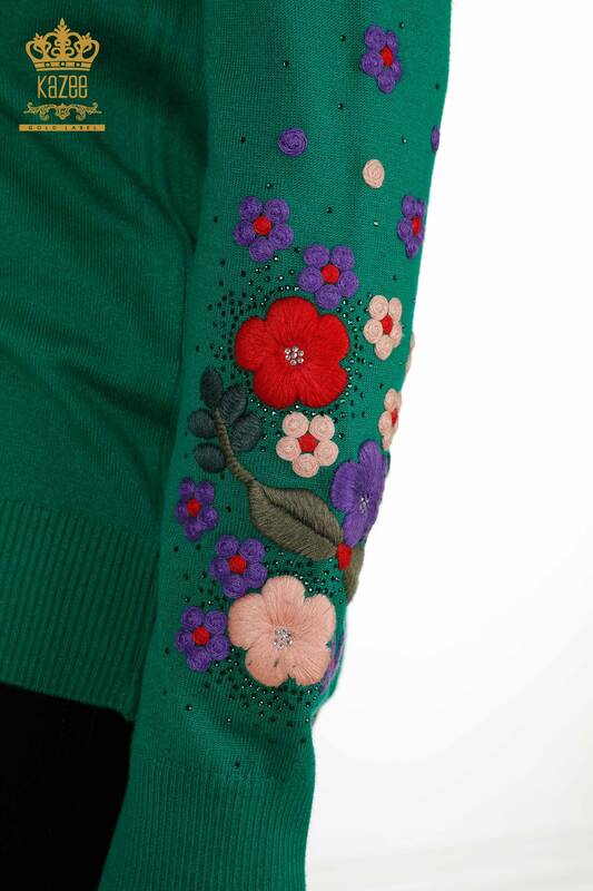 Venta al por mayor Suéter de Punto para Mujer Verde con Bordado Floral - 30632 | KAZEE