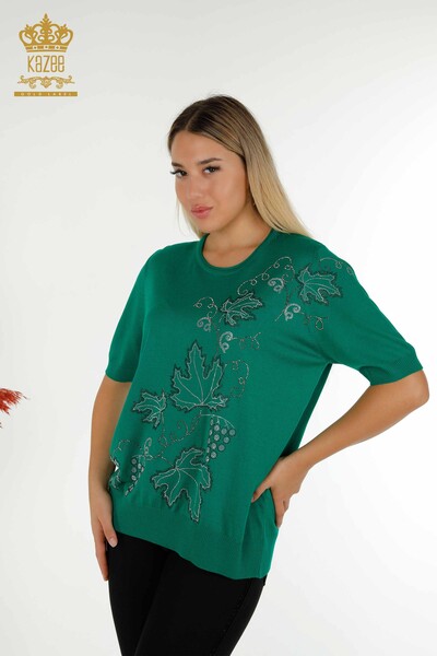 Venta al por mayor Suéter de Punto para Mujer Verde con Bordado de Hojas - 30654 | KAZEE