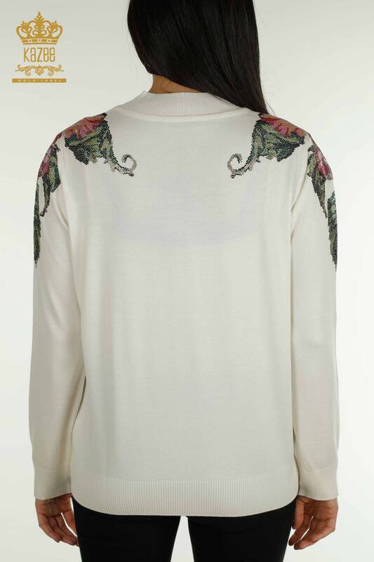 Venta al por mayor Suéter de Punto para Mujer Hombro Flor Detallada Crudo - 30542 | KAZEE