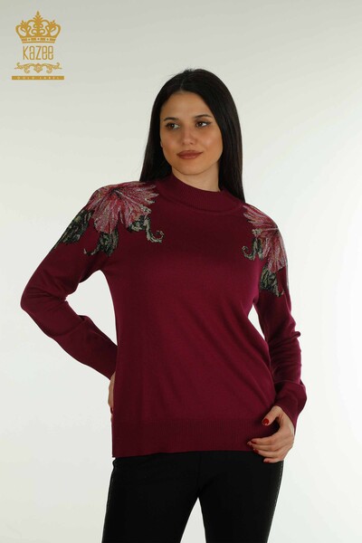 Venta al por mayor de Prendas de Punto para Mujer Suéter Hombro Flor Detallada Lila - 30542 | KAZEE - Thumbnail