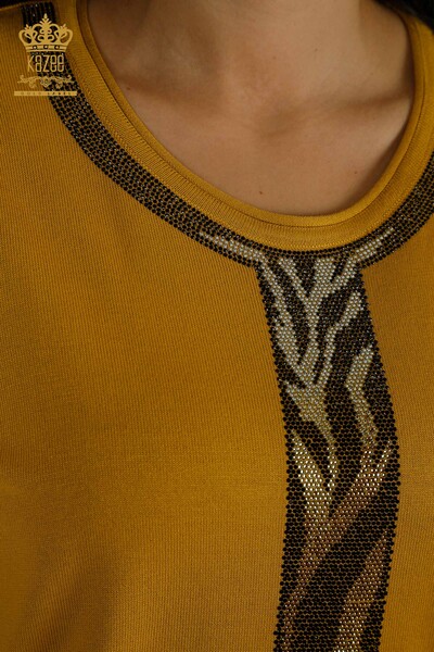 Venta al por mayor Suéter de Punto para Mujer Leopardo Piedra Bordada Azafrán - 30324 | KAZEE - Thumbnail