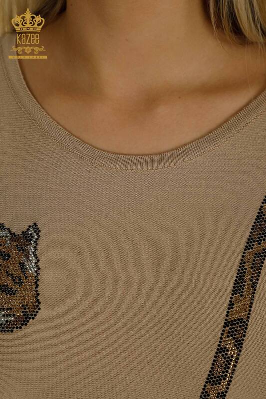 Venta al por mayor Suéter de Punto para Mujer Leopardo Piedra Bordada Beige - 30633 | KAZEE