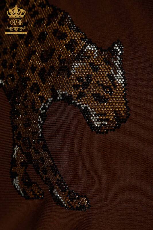 Venta al por mayor Suéter de Punto para Mujer Leopardo Piedra Bordada Marrón - 30633 | KAZEE