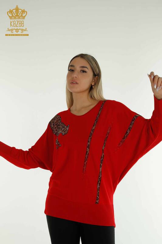 Venta al por mayor Suéter de Punto para Mujer Leopardo Piedra Bordada Rojo - 30633 | KAZEE