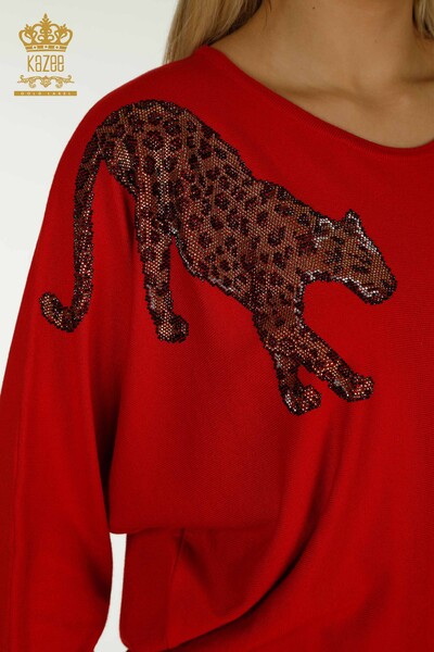 Venta al por mayor Suéter de Punto para Mujer Leopardo Piedra Bordada Rojo - 30633 | KAZEE - Thumbnail