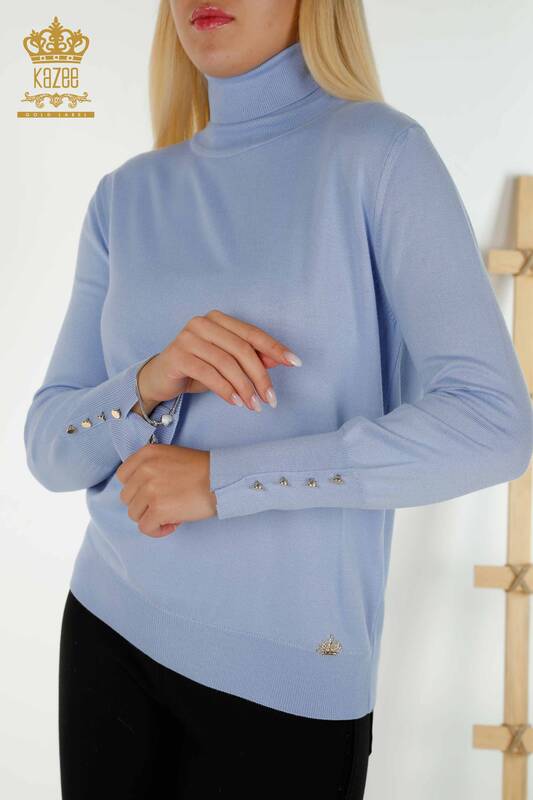 Venta al por mayor Suéter de Punto para Mujer con Detalle de Botón en Puño Azul - 30506 | KAZEE