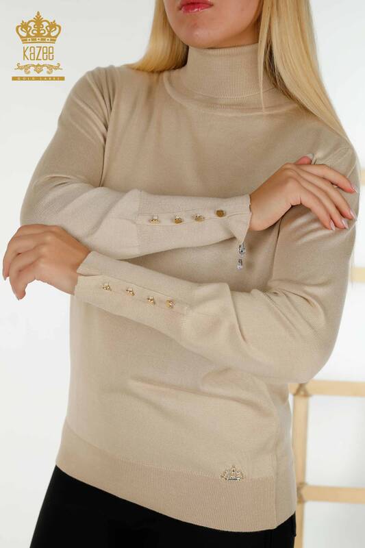 Venta al por mayor Suéter de Punto para Mujer con Detalle de Botón en Puño Beige Claro - 30506 | KAZEE