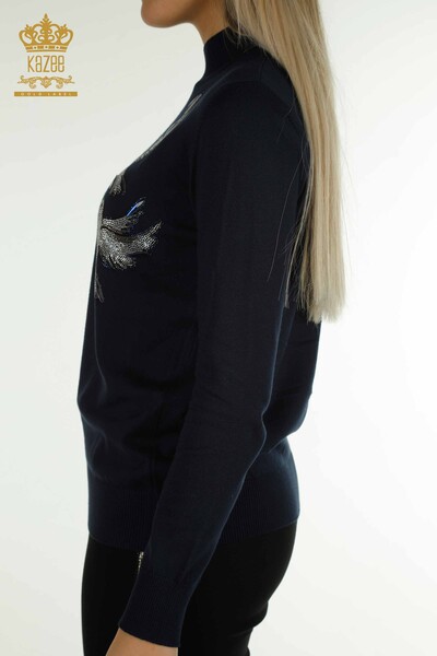 Venta al por mayor Suéter de Punto para Mujer Pájaro Bordado Azul Marino - 30745 | KAZEE - Thumbnail
