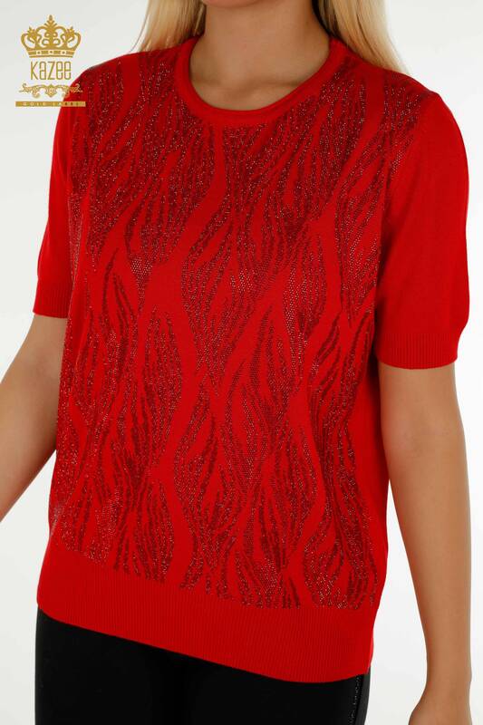 Venta al por mayor Suéter de Punto para Mujer Rojo con Bordado de Piedras de Cristal - 30332 | KAZEE