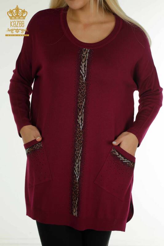 Venta al por mayor Suéter de Punto para Mujer Raya Piedra Bordada Lila - 30621 | KAZEE