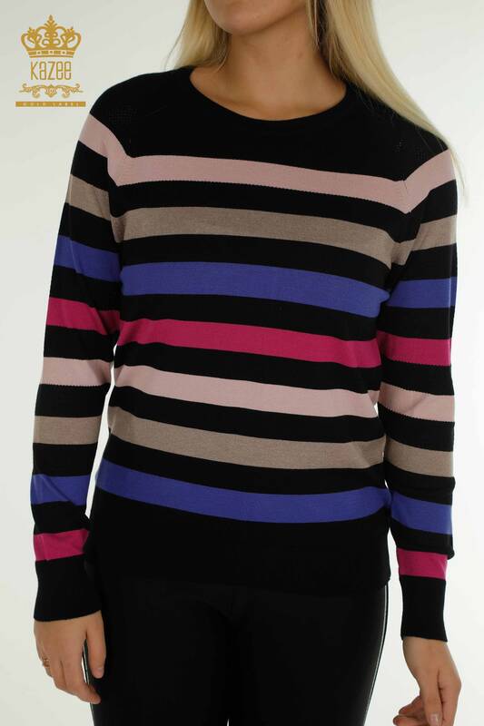 Venta al por mayor Suéter de Punto para Mujer Rayas Bicolor Negro Fucsia - 30133 | KAZEE