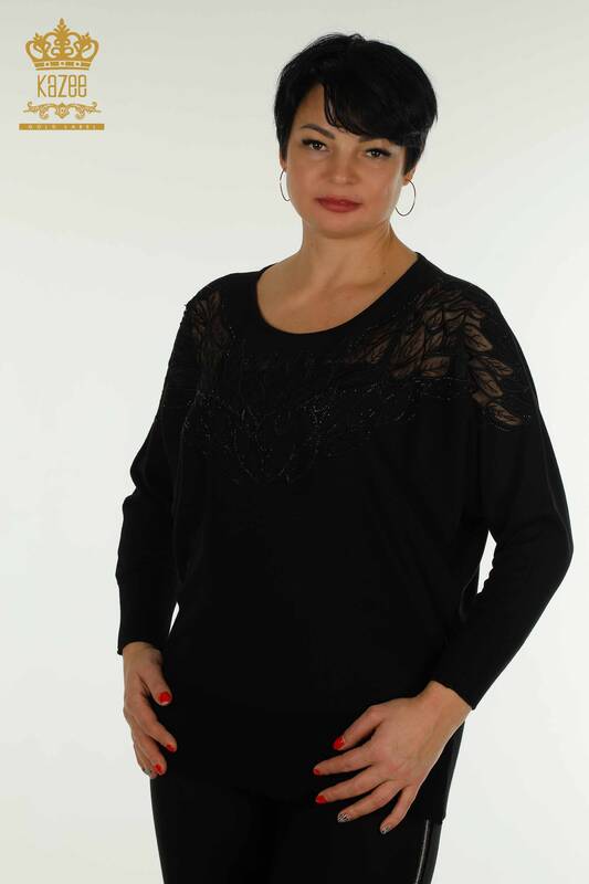 Venta al por mayor Jersey de Mujer de Punto con Detalle de Tul Negro - 16942 | KAZEE