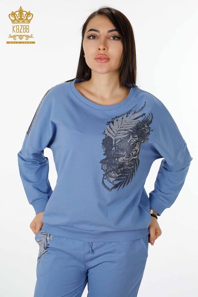 Venta al por mayor Conjunto de chándal para mujer Tiger Detail Blue - 17459 | kazee - Thumbnail
