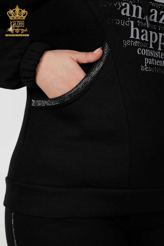 Venta al por mayor conjunto de chándal para mujer con capucha y letras con bordado de piedra negro - 17469 | kazee