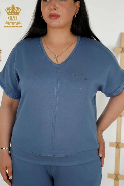 Venta al por mayor Conjunto de chándal para mujer - Piedra bordada - Bolsillos - Indigo - 20391 | kazee - 3
