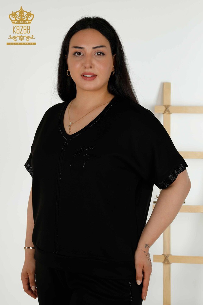 Venta al por mayor Conjunto de chándal para mujer - Piedra bordada - Bolsillo - Negro - 20391 | kazee - 2