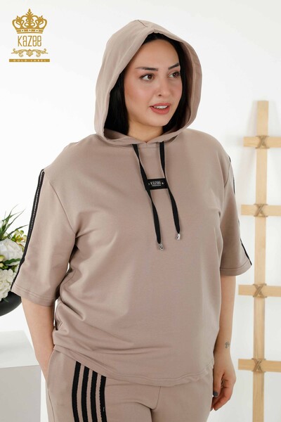 Venta al por mayor Conjunto de chándal para mujer A rayas Con capucha - Beige Negro - 17543 | kazee - 2