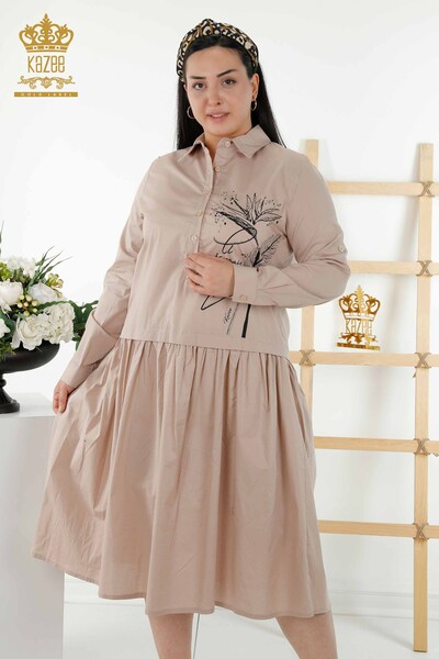 Venta al por mayor Vestido de Mujer - Estampado - Detalle de Botones - Beige - 20324 | kazee - Kazee