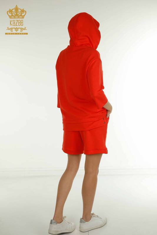 Venta al por mayor Conjunto de chándal y pantalones cortos para mujer con capucha Naranja - 17695 | KAZEE