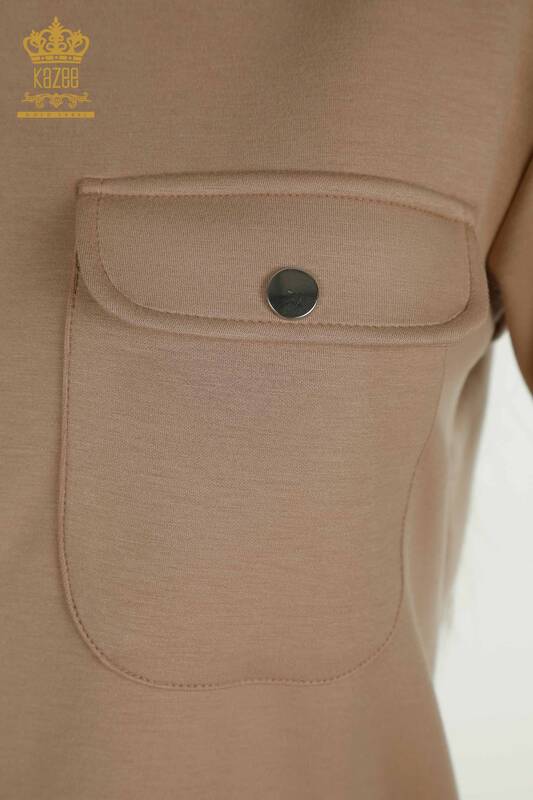 Venta al por mayor Conjunto de chándal para mujer con botones detallados Beige - 17555 | KAZEE