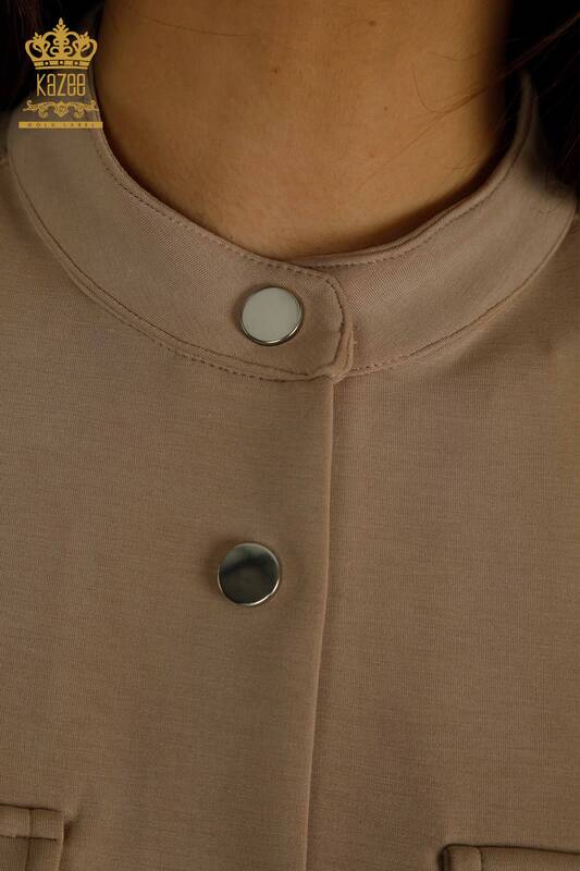 Venta al por mayor Conjunto de chándal triple para mujer con botones detallados Beige - 17622 | KAZEE