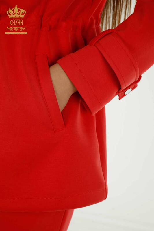 Venta al por mayor Conjunto de Chándal Triple para Mujer Rojo con Detalle de Botones - 17622 | KAZEE