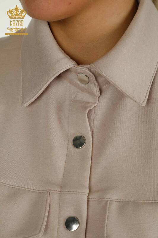 Venta al por mayor Conjunto de chándal triple para mujer con botones detallados Mink - 17633 | KAZEE
