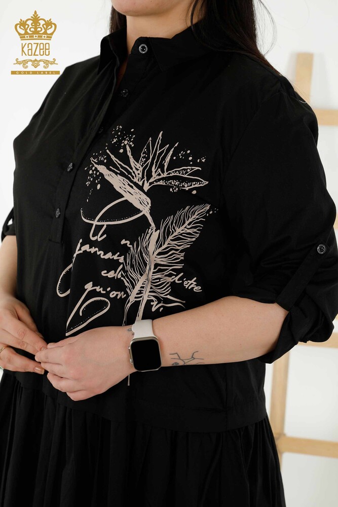 Venta al por mayor Vestido de Mujer - Estampado - Detalle de Botones - Negro - 20324 | kazee - 3