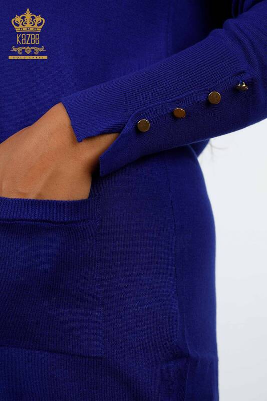 تريكو نسائية بالجملة كارديجان برقبة على شكل V وأزرار جيب مفصل - 15945 | كازي