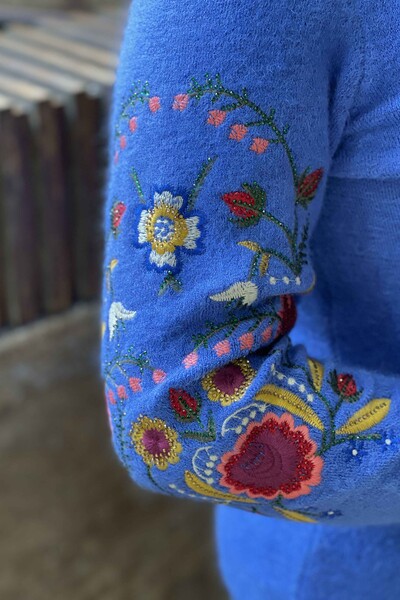 الوقوف الياقة الدائمة سترة نسائية تريكو الأزهار أنجورا - 18868 | كازي - Thumbnail