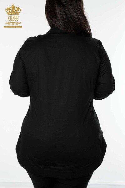 قميص نسائي نصف زر أسود بالجملة - 17230 | كازي - Thumbnail