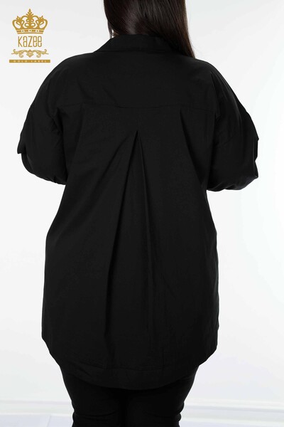 قميص نسائي بالجملة أسود منقوش بجيب - 20197 | كازي - Thumbnail