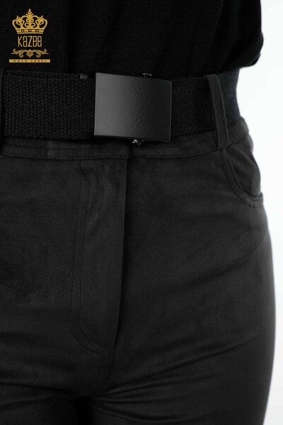 بنطلون جينز نسائي أسود مع حزام - 3358 | كازي - Thumbnail