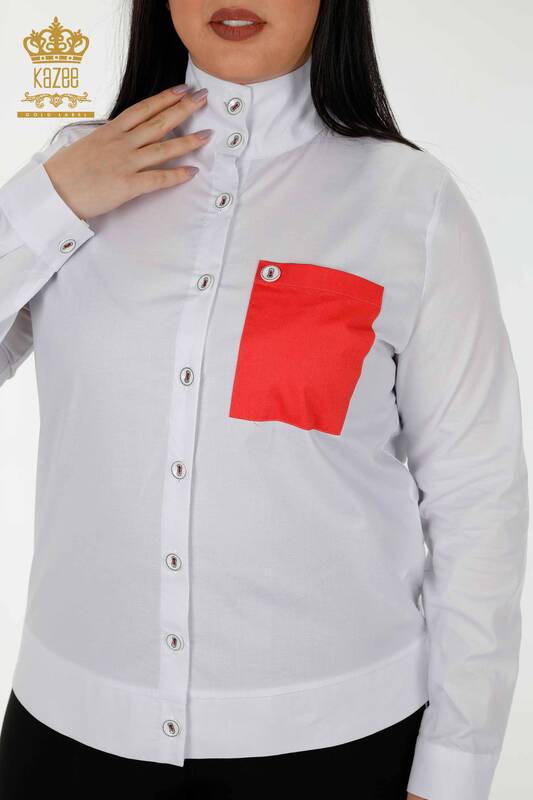 قميص نسائي بالجملة - مُفصل بالجيب - مرجاني أبيض - 20309 | كازي