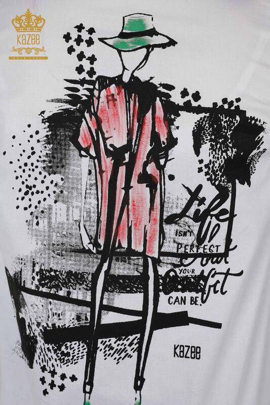 قميص نسائي بالجملة - مُفصل بالجيب - مرجاني أبيض - 20309 | كازي