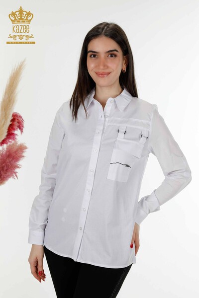 قميص نسائي بالجيب مفصل أبيض - 20312 | كازي