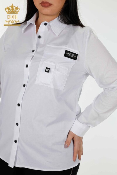 قميص نسائي - جيب مفصل - أبيض - 20325 | كازي - Thumbnail