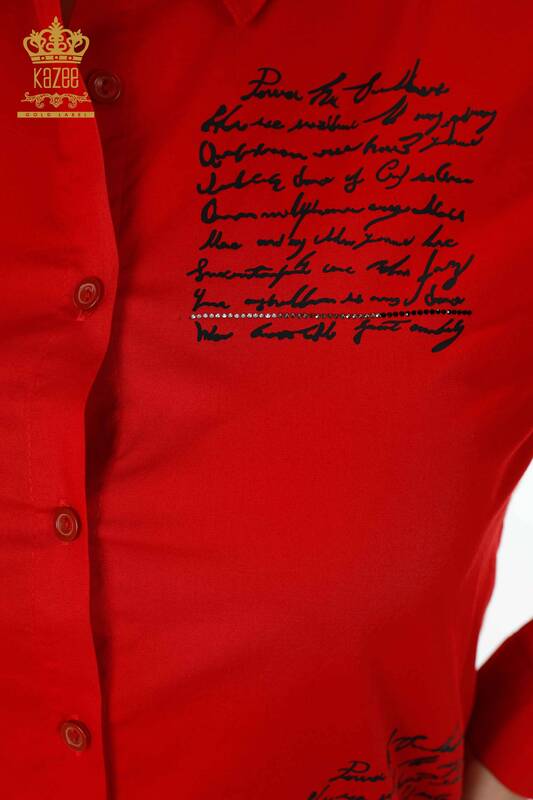 قميص نسائي بالجملة مع نص مفصل أحمر - 20097 | كازي