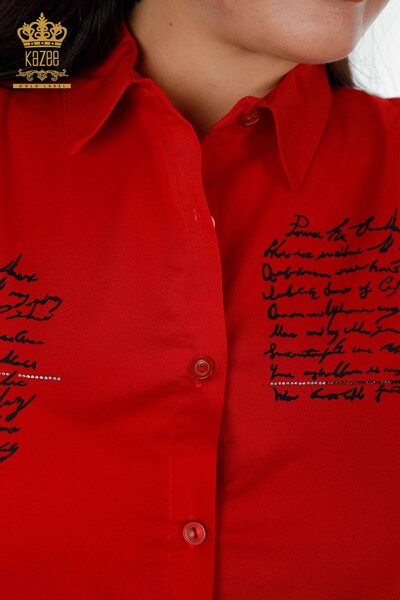 قميص نسائي بالجملة مع نص مفصل أحمر - 20097 | كازي - Thumbnail