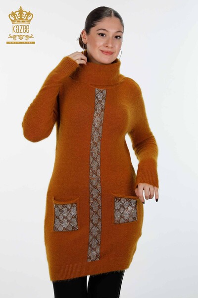 تونيك تريكو نسائي بالجملة مزين بحجر الأنجورا جيب مطرز بالتفصيل - 18867 | كازي - Kazee