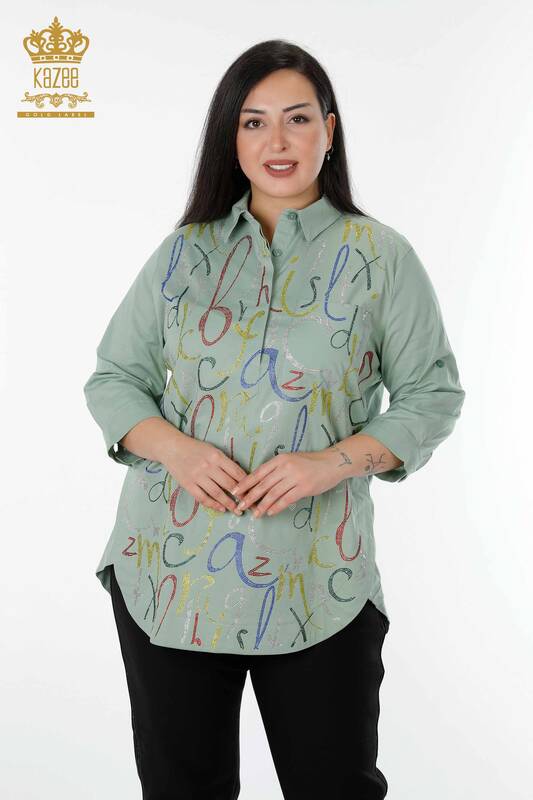 قميص نسائي بالجملة مزخرف باللون الكاكي - 20123 | كازي
