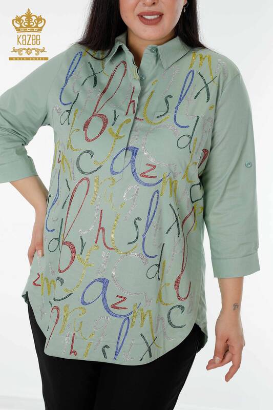 قميص نسائي بالجملة مزخرف باللون الكاكي - 20123 | كازي