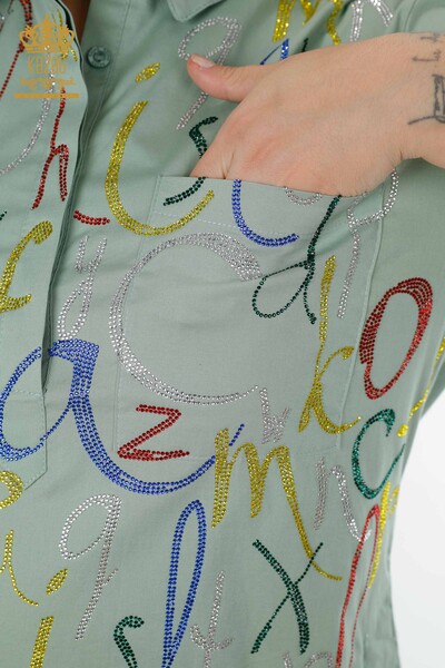 قميص نسائي بالجملة مزخرف باللون الكاكي - 20123 | كازي - Thumbnail