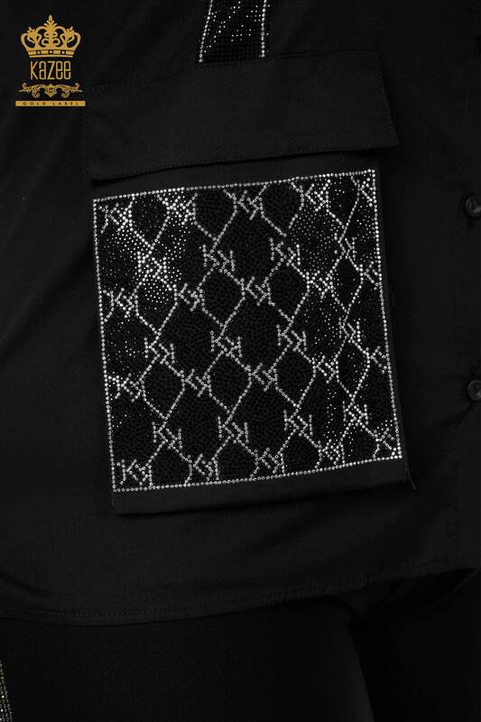 قميص نسائي بالجيب مفصل باللون الأسود بالجملة - 20135 | كازي