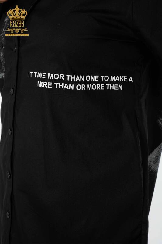 قميص نسائي بالجملة مع تفاصيل حروف أسود - 20087 | كازي