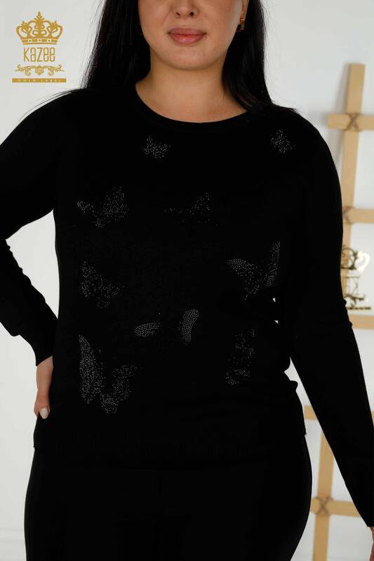 оптом Женский трикотаж свитер с рисунком бабочки черный - 30357 | КАЗЕЕ